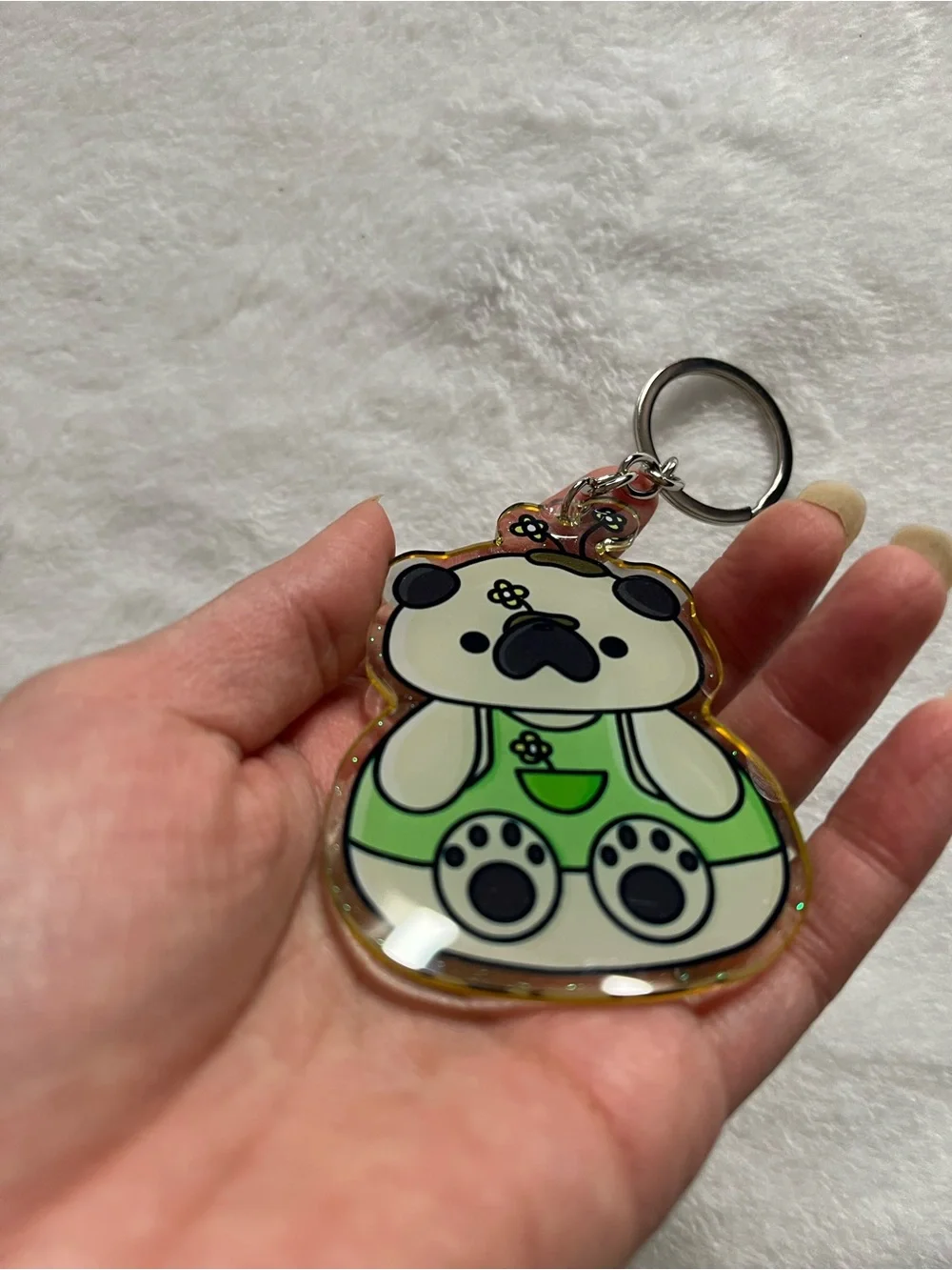 Pug fawn Cute Green Pug Keychain pet glitter acrylic